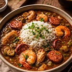 A bowl of New Orleans–style gumbo filled with chicken, andouille sausage and vegetables, served over white rice with chopped green onions on top