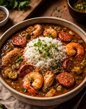 A bowl of New Orleans–style gumbo filled with chicken, andouille sausage and vegetables, served over white rice with chopped green onions on top