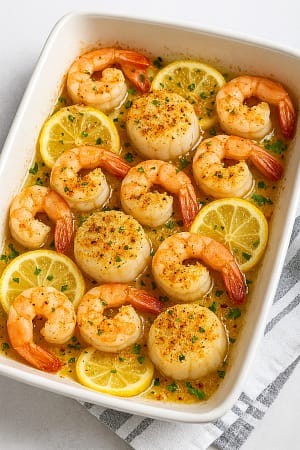 Oven-baked shrimp and scallops in a white baking dish with lemon slices, golden breadcrumb topping, and fresh parsley garnish.