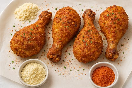 Four crispy baked chili-lime chicken legs coated in a golden pork-rind and almond-flour crust, arranged on parchment paper with bowls of almond flour and chili-lime seasoning.